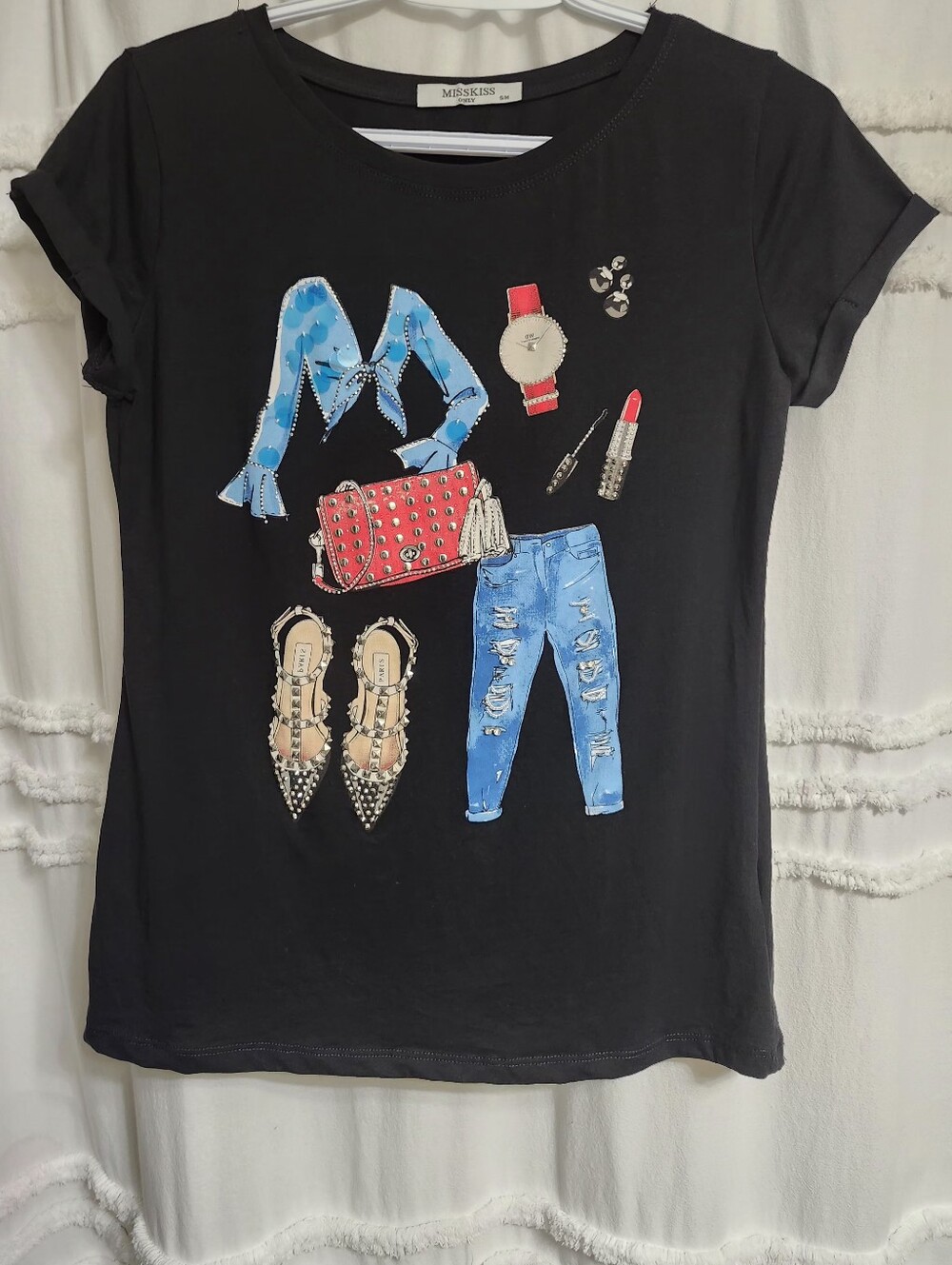 Women's Black Graphic Fashion Outfit Tee - Blue & Red Accents